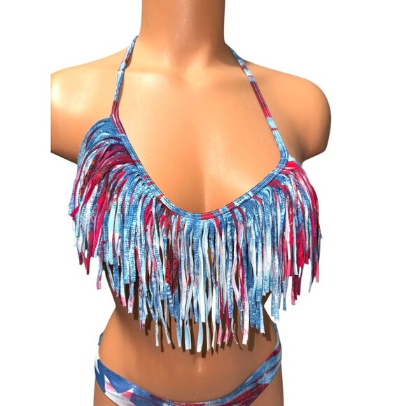 Body Glove Fringe Halter Bikini Set Blue/Red Tie-Dye Print - Picture 7 of 14